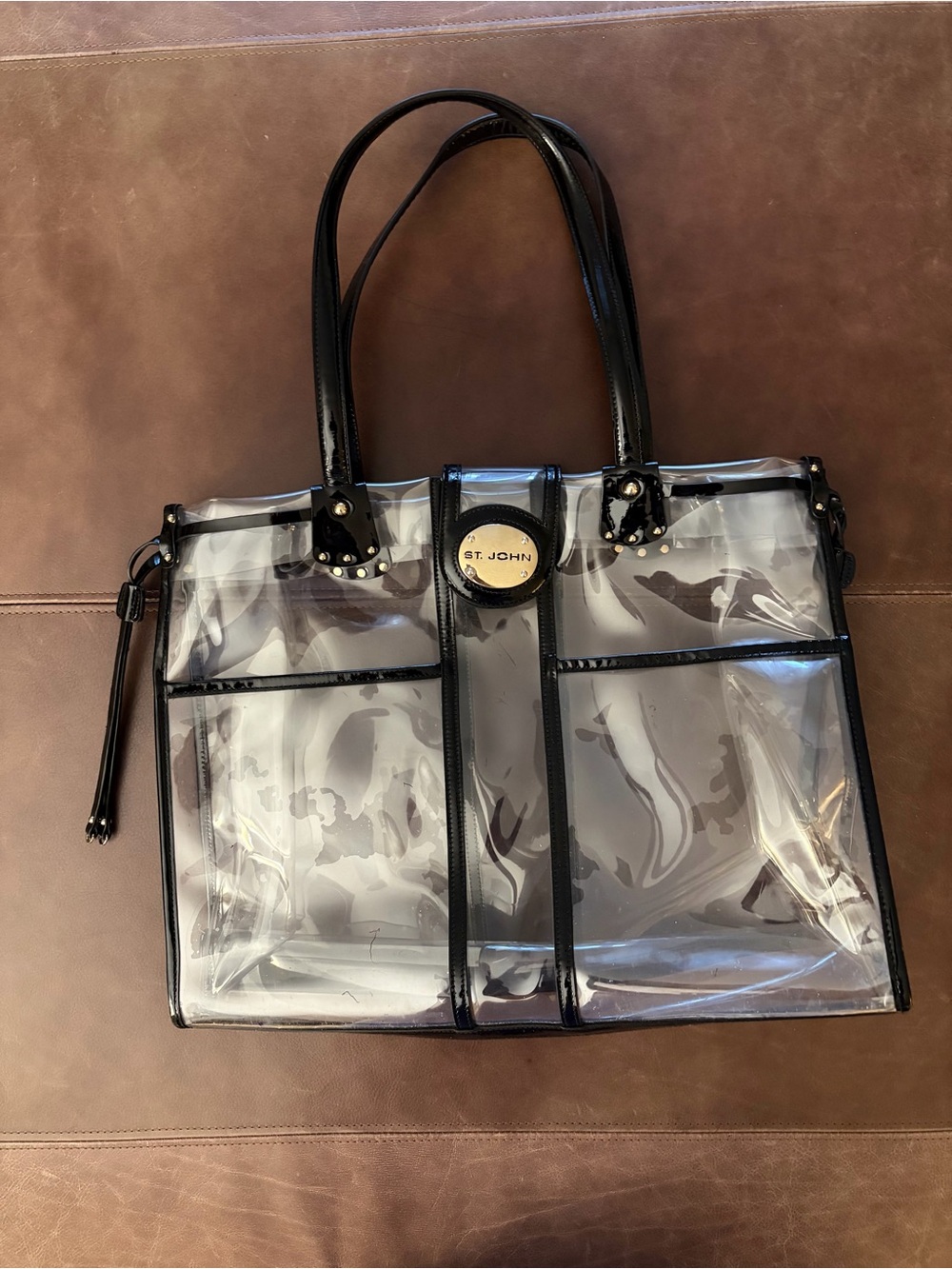 St. John Clear Black Trim Tote Bag with front pockets